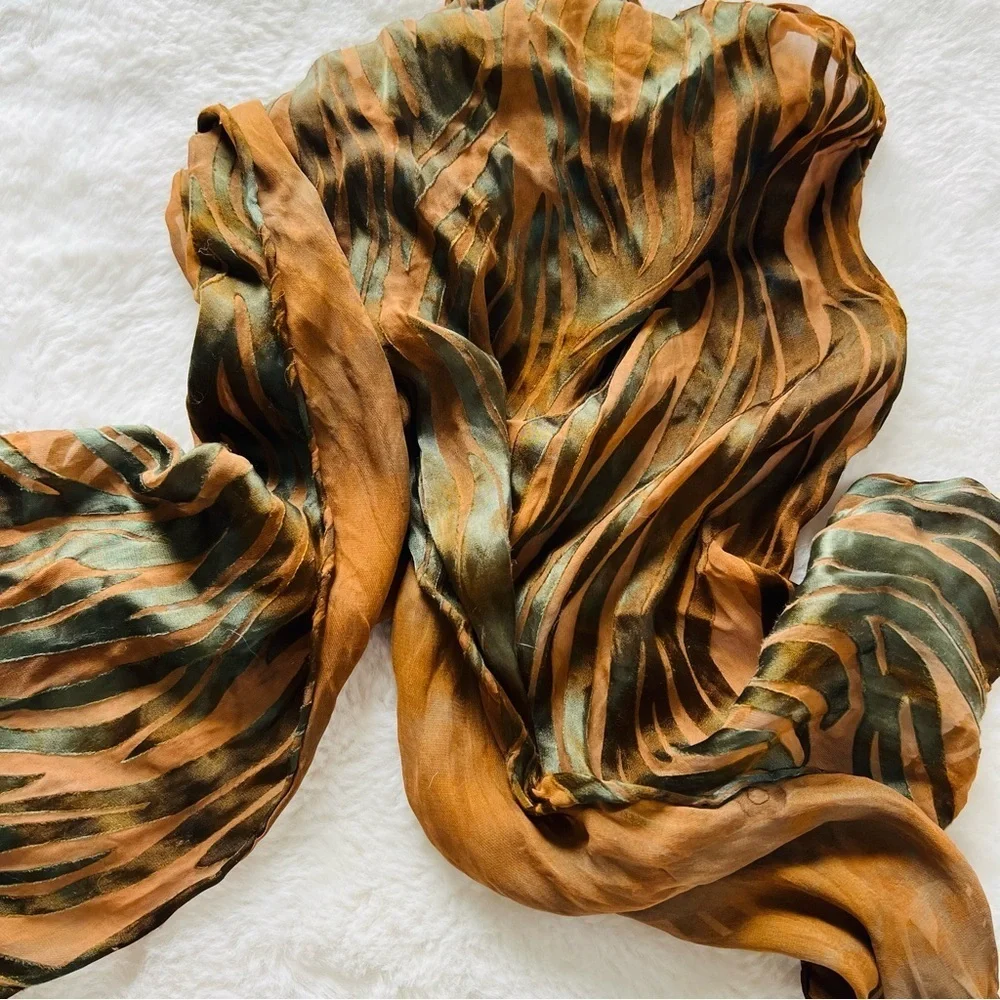 58”x12” VINTAGE SILK OBLONG SHAPED BROWN WOMEN'S SCARF.
